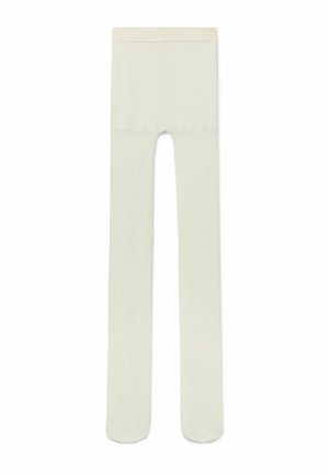 Cremefarbene, blickdichte Strumpfhose in voller Länge mit breitem Bund, flach auf weißem Hintergrund ausgelegt.