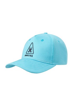 Hellblaues Baseballcap mit gebogenem Schirm, vorne an der Frontplatte ein schwarzes dreieckiges Logo und das Wort "GAASTRA".