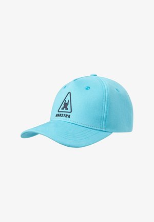 Hellblaues Baseballcap mit gebogenem Schirm, vorne an der Frontplatte ein schwarzes dreieckiges Logo und das Wort "GAASTRA".