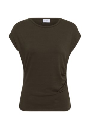 Tumši olīvu zaļa sieviešu īss Piedurkņu topa ar apaļu izgriezumu un smalku sānu savākumu uz vienkārša balta fona.