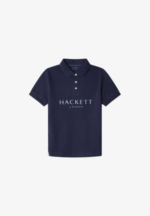 Polo de color azul marino hecho de algodón, con cuello, tres botones y el logo "HACKETT LONDON" en texto claro en la parte frontal.