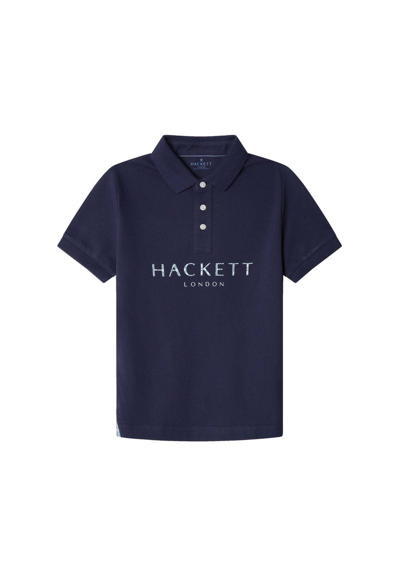 Námořnická modrá polo tričko vyrobené z bavlny, s límečkem, třemi knoflíky a logem "HACKETT LONDON" v světlém písmu na přední straně.