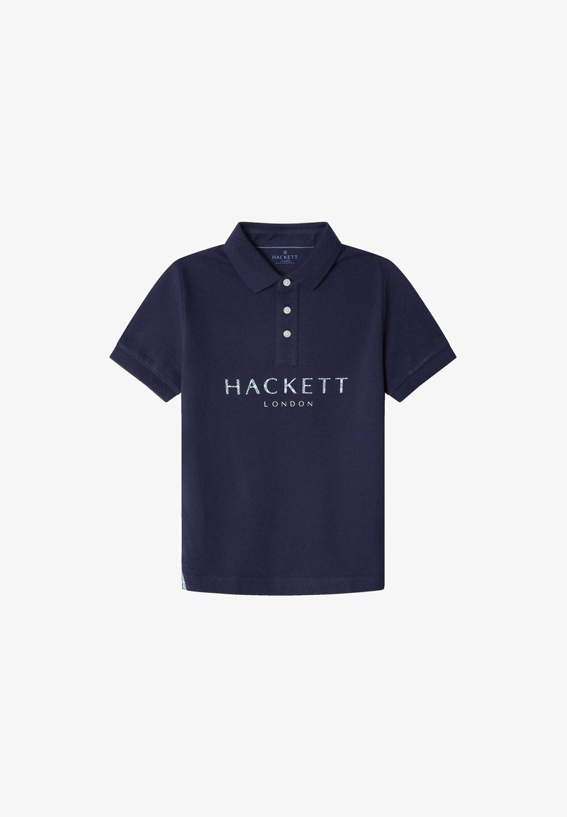 Marineblå polotröja i bomull, med krage, tre knappar och "HACKETT LONDON"-logotyp i ljus text på framsidan.