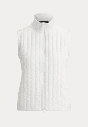 Veste matelassée blanche sans manches avec des surpiqûres verticales et une fermeture éclair devant qui remonte jusqu'au col montant.