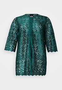 Teal kanten blouse met een bladpatroon, ronde halslijn en driekwartmouwen. Semi-doorzichtige stof met een gegolfde zoom en knoopsluiting.