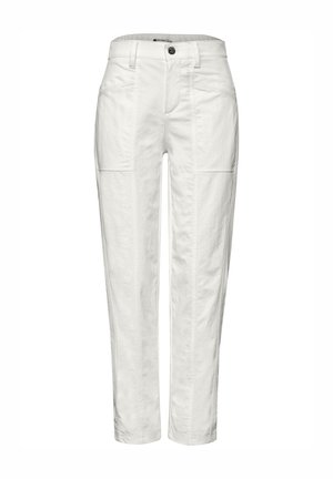 Hvide bukser med lige ben, forlommer, bæltestropper og knaplukning ved taljen.