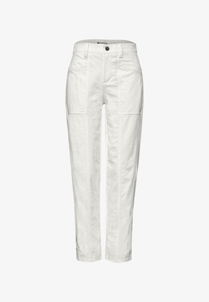 Valkoiset suoralahkeiset housut, joissa on etutaskut, vyölenkit ja napillinen vyötärön sulkeminen.