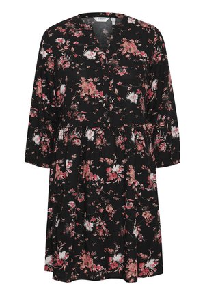 Juodas gėlių suknelė su V formos iškirpte, sagų uždarymu ir trijų ketvirčių rankovėmis. Papuošta rožinėmis, baltomis ir raudonomis gėlių raštais.