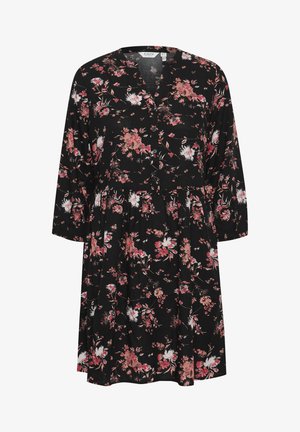 Black floral dress featuring a V-neck, button closure, and three-quarter sleeves. Accented with pink, white, and red floral patterns.