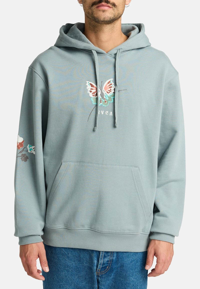 Light blue hoodie with a front pocket, drawstring hood, and butterfly embroidery. Features floral accents on the sleeves. Soft texture.