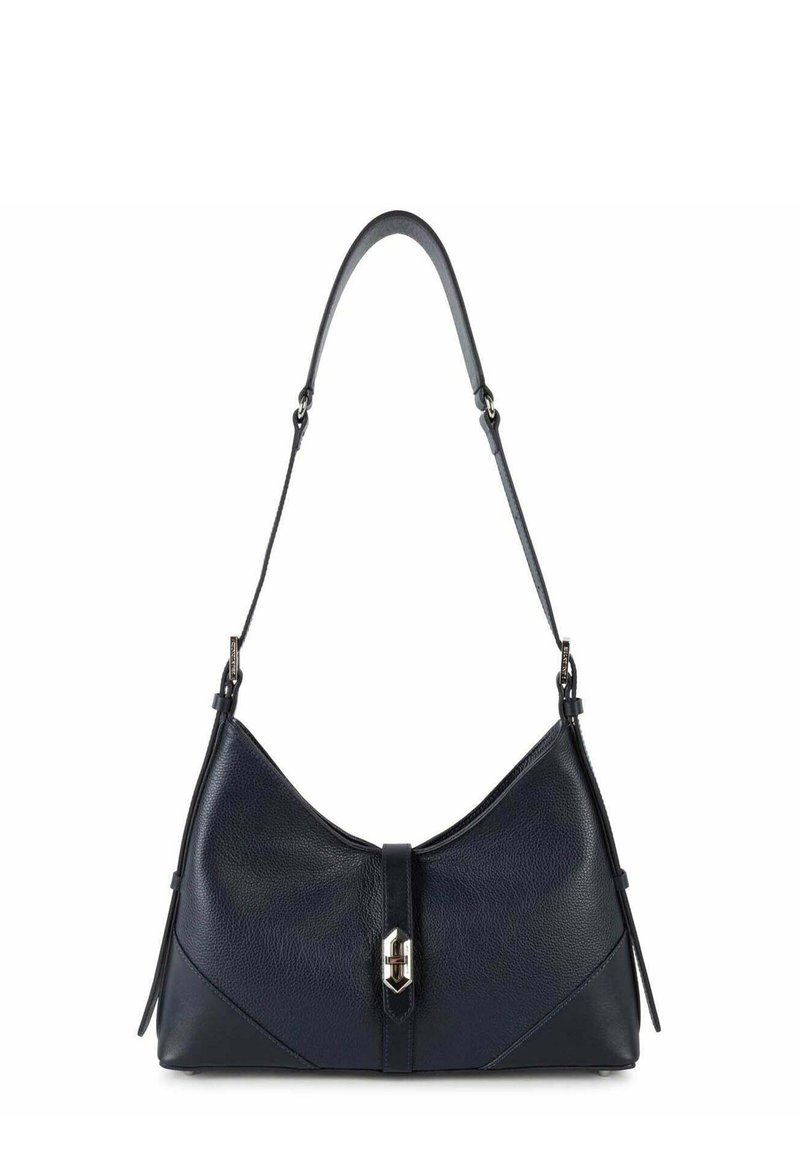 Borsa a mano in pelle blu con una silhouette curva, superficie testurizzata, dettagli in metallo argentato e chiusura centrale a scatto.
