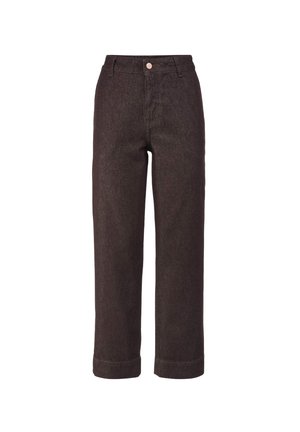 Pantaloni in denim marrone scuro a vita alta, gamba dritta, con passanti per cintura, chiusura con bottone e orli ripiegati.