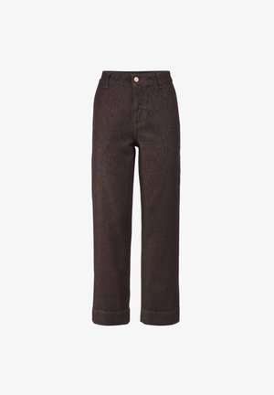 Dunkelbraune Denim-Hose mit geradem Bein, hoher Taille, Gürtelschlaufen, Knopfverschluss und umgeschlagenen Säumen.