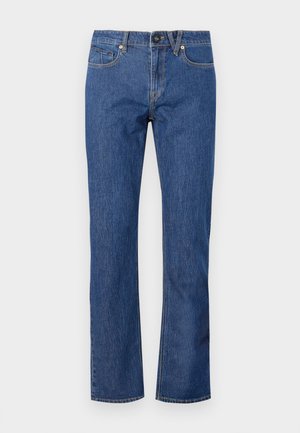 Blue denim straight-leg jeans featuring a button closure, belt loops, and five pockets with subtle stitching details.