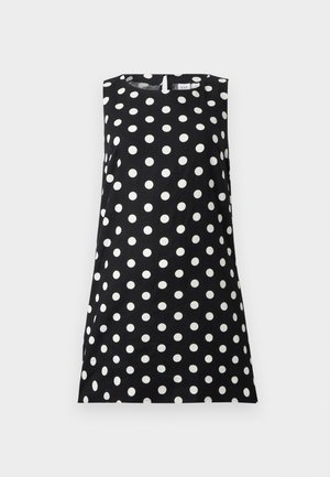 Robe noire sans manches à pois blancs, col rond et coupe droite, présentée sur un fond clair uni.