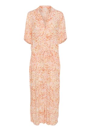 Bloemenprint jurk in zachte roze en oranje tinten, met een kraag, korte mouwen, een strik in de taille en een vloeiende snit.