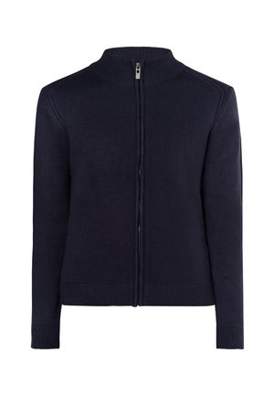 Tengerészkék, cipzáras pulóver magas gallérral, bordázott mandzsettával és szegéllyel. Puha kötött anyagból készült, letisztult, minimalista dizájnnal.