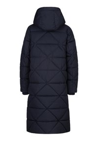 Navyblauw pufferjack met een capuchon, voorzien van een ruitvormig quiltpatroon, geribbelde manchetten en een lengte tot de knieën. De textuur van de stof lijkt zacht.