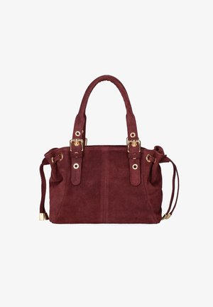 Sac à main en cuir suédé bourgogne avec des poignées supérieures doubles, des accents en métal doré et une fermeture à cordon. Présente une finition texturée et une forme structurée.