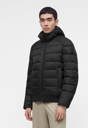 Ung man som bär en svart vadderad jacka med huva och framfickor samt beige byxor, stående mot en enfärgad ljus bakgrund.