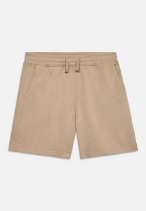 Beige színű, elülső zsebekkel rendelkező, rugalmas derékpántos és húzózsinóros hétköznapi rövidnadrág, jobb combján finoman hímzett "Abercrombie" logóval.