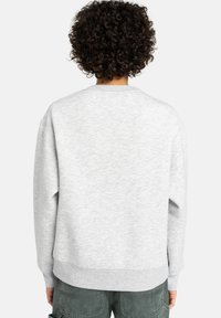 Una persona con cabello rizado lleva un sudadera gris, vista desde atrás, con pantalones casuales de color verde oliva. El fondo es blanco liso.