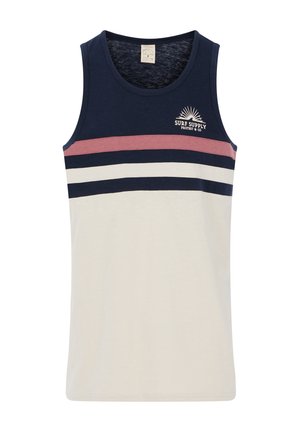 Canotta navy con strisce orizzontali crema e bordeaux. Tessuto di cotone morbido, scollatura rotonda, con logo a sole sul petto.