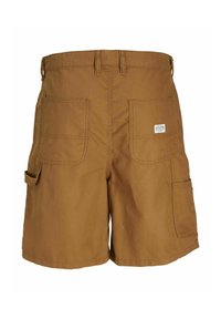 Shorts cargo din bumbac maro, cu două buzunare mari la spate, un buzunar lateral și o etichetă cusută. Materialul este durabil și are o textură netedă.