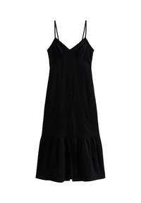 Svart ärmlös klänning med justerbara spaghettistroppar, knappstängning fram, volangkjol och subtil texturdetaljering på bodice.