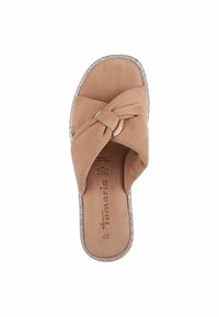 Sandalo scivoloso in suede marrone con design annodato e dettaglio in metallo circolare. Bordo glitterato e suola piatta e morbida per il comfort.