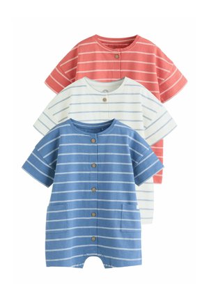 Három rövid ujjú babaoverál kék, fehér és korall színekben, vízszintes csíkokkal, elöl gombokkal és kerek nyakkivágással.