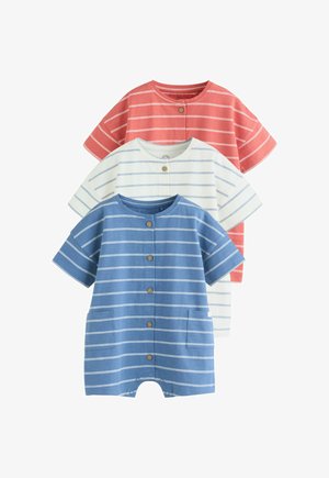 Trys trumpomis rankovėmis kūdikių kombinezonai melsvos, baltos ir koralinės spalvų su horizontaliomis juostelėmis, priekyje mygtukai ir apvalios apykaklės.