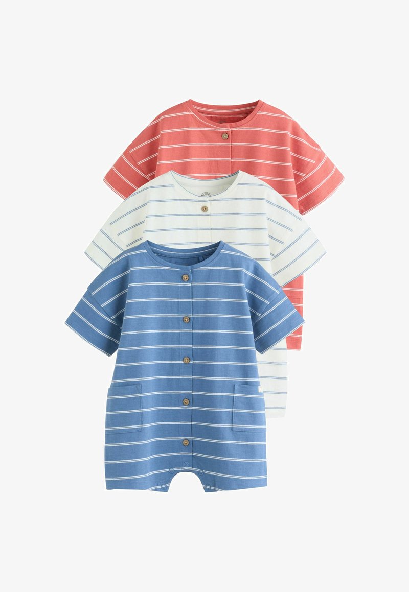 Tri detské body s krátkym rukávom v modrej, bielej a koralovej farbe s horizontálnymi pruhmi, prednými gombíkmi a okrúhlymi výstrihmi.