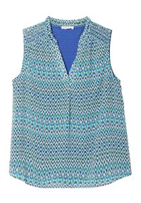 Sleevless bluse med v-udskæring, prydet med et geometrisk mønster i blå, grøn og gul. Fremstillet af letvægtsstof med teksturerede detaljer.