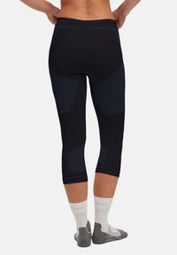 Black capri leggings with a textured design and fitted shape. Features dark blue accents at the sides and a high waistband.