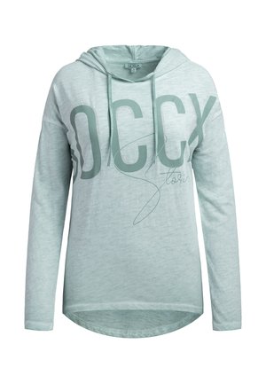 Hellgrüner Kapuzensweatshirt aus weichem Stoff. Mit großem gedrucktem Schriftzug "OCCX" und einem geschwungenen Schriftakzent. Lange Ärmel, abgerundeter Saum.