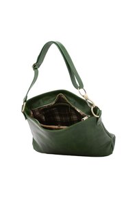 Borsa a spalla verde in pelle con una sola tracolla, ampia apertura e fodera in tessuto scozzese. Presenta una tasca con zip e dettagli in metallo dorato.