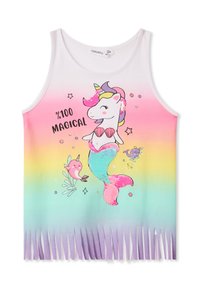 Canotta con grafica di un unicorno e un narvalo, con una combinazione di colori sfumata dal rosa al turchese, orlo frangiato e dettagli in paillettes.