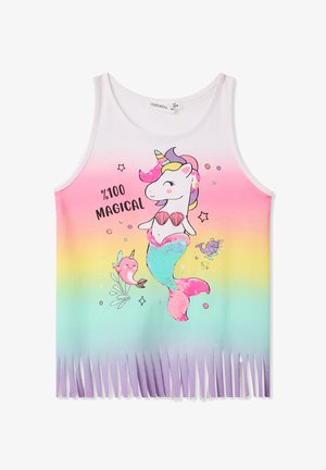 Koszulka bez rękawów z grafiką jednorożca i narwala, w gradientowym schemacie kolorów od różowego do turkusowego, z frędzelkowym dołem i akcentami w postaci cekinów.