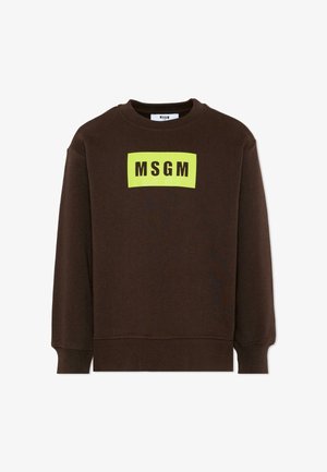 Donkerbruin sweatshirt met lange mouwen en ronde hals, met een geel rechthoekig patch met zwarte "MSGM" tekst gecentreerd op de borst.