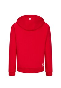 Felpa rossa con cappuccio realizzata in misto cotone. Presenta un grande cappuccio arrotondato, maniche lunghe e polsini a coste. Include un piccolo logo all'orlo.
