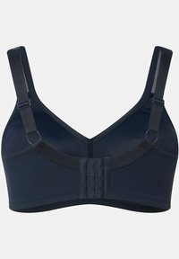 Soutien-gorge de sport navy en tissu lisse, doté de bretelles réglables, d'un décolleté en V et d'un fermoir crochet et œillet à l'arrière.