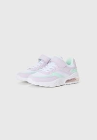 Sportsko sneakers med en lys lavendel- og myntefargekombinasjon, med et overdel i mesh og syntetisk materiale, polstret krage og gjennomsiktig luftdemping.