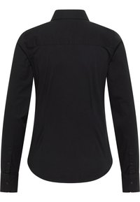 Black long-sleeve shirt made of cotton. Features a classic collar, button cuffs, and a curved hem with a smooth texture. Back view shown.