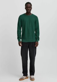 Grüner strukturierten Strickpullover mit Rundhalsausschnitt, langen Ärmeln und geripptem Saum, kombiniert mit dunklen Jeans und hellen Sneakers.