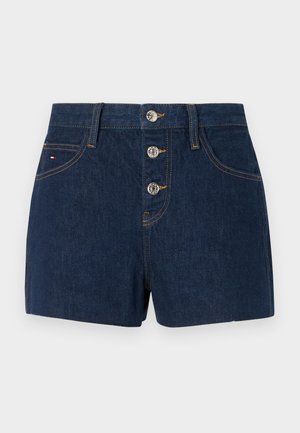 Tummansinisiä farkkushortsit, joissa on korkea vyötärö, kolme metallista nappia, etutaskut ja erottuva keltainen ommel.