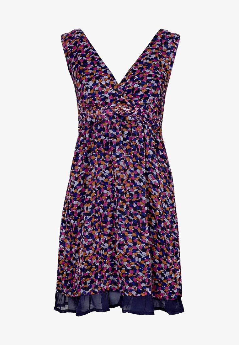Robe sans manches à encolure en V avec taille empire, présentant un motif floral abstrait multicolore dans des tons de violet, rose, orange et marine.