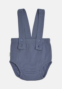 Mono de algodón de rayas azul con tirantes ajustables, que presenta dos botones redondos en la parte delantera y aberturas de pierna curvadas. Textura suave.