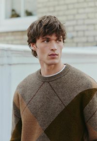 Brown wool sweater with diamond patterns in light brown, dark green, and maroon. Features a ribbed crew neck and textured fabric.