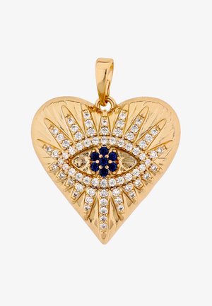 Ciondolo a forma di cuore in oro con un design centrale a forma di occhio realizzato con gemme trasparenti e blu che si irradiano verso l'esterno come raggi di sole.